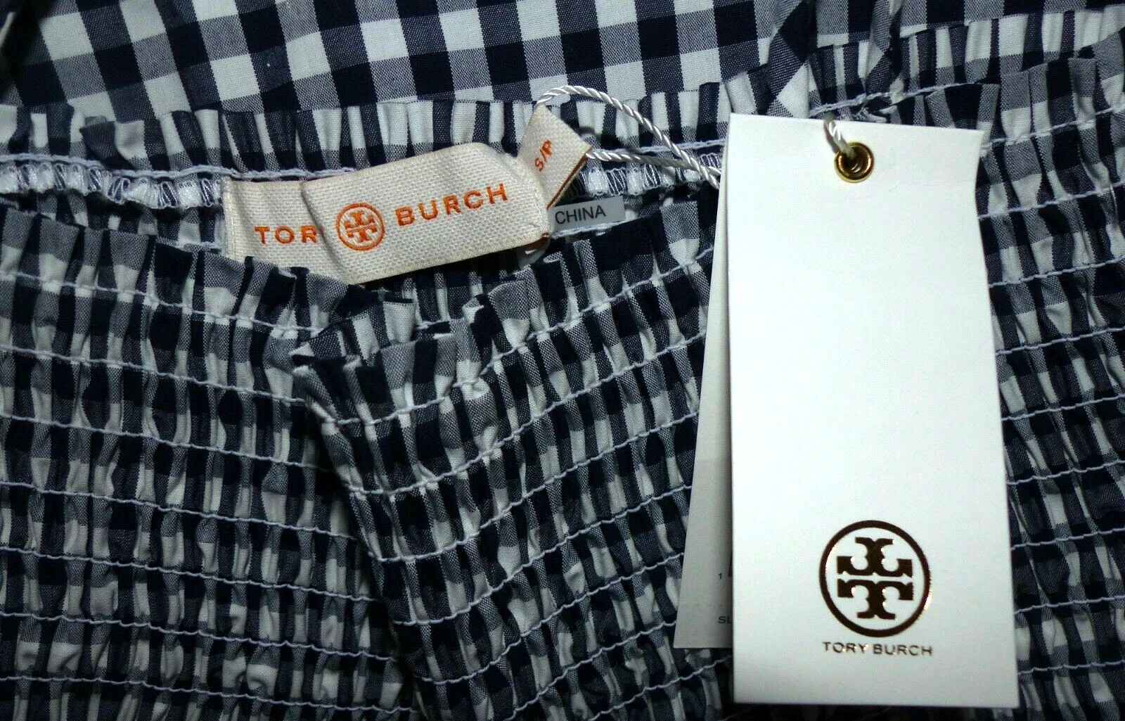 Abito da spiaggia TORY BURCH Gingham con occhielli Tory blu navy bianco taglia SMALL nuovo con etichette $258