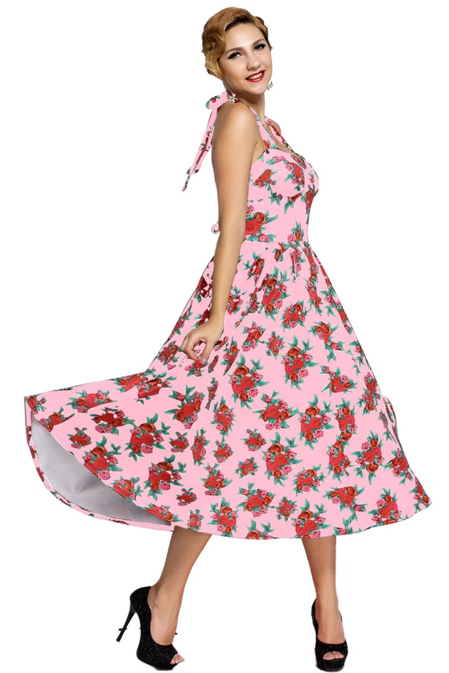 Abito Stampa Floreale Ballo Cocktail Cerimonia Top Floral Vintage Swing Dress S - Immagine 2 di 3
