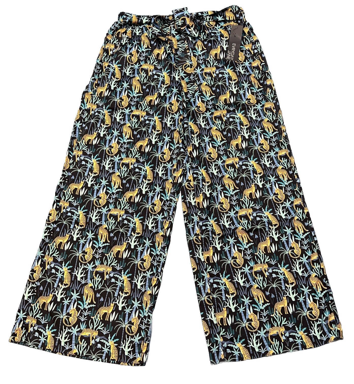Everyday Jane Pants Womens Size Large Cheetah Faux Silk Wide Leg Pull On Black
