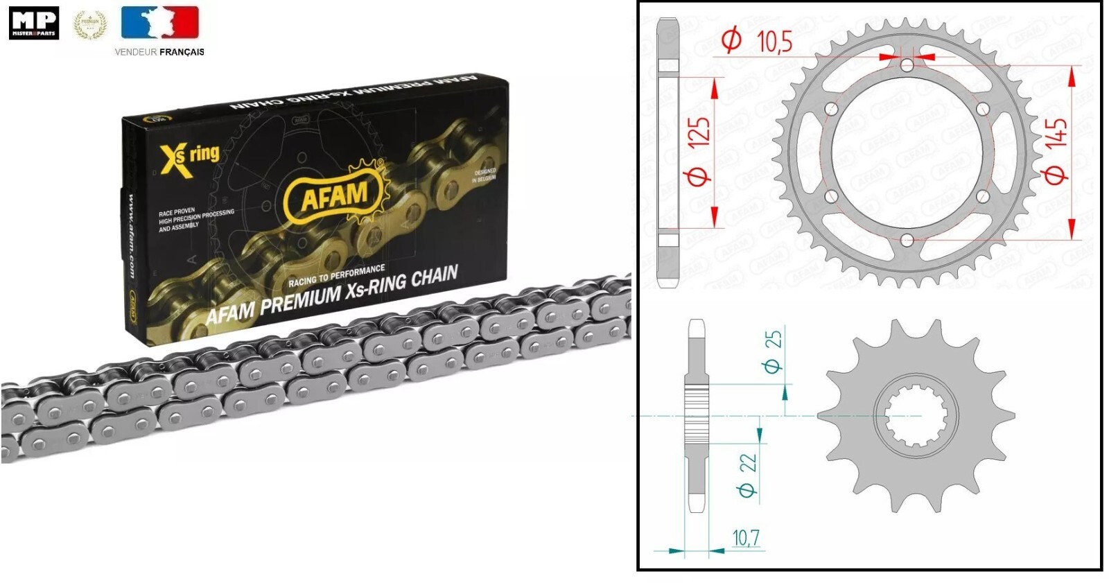 Kit chaîne Afam 525XMR3 pour routière Yamaha TDM 850 voyages et duo confort 17/42