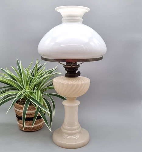 Antique French Oil Lamp White Milk Glass Gaudard Burner Ribbed Swirled Glass