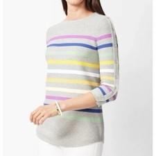 Talbots Color Stripe Button Sleeve 3/4 Sleeve Pullover Sweater Grey Large Petite