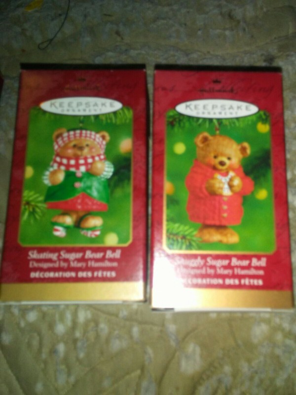 Lot Of 2 Hallmark Keepsake Bear Bells Skating Sugar Bear And Snuggly Sugar Bear