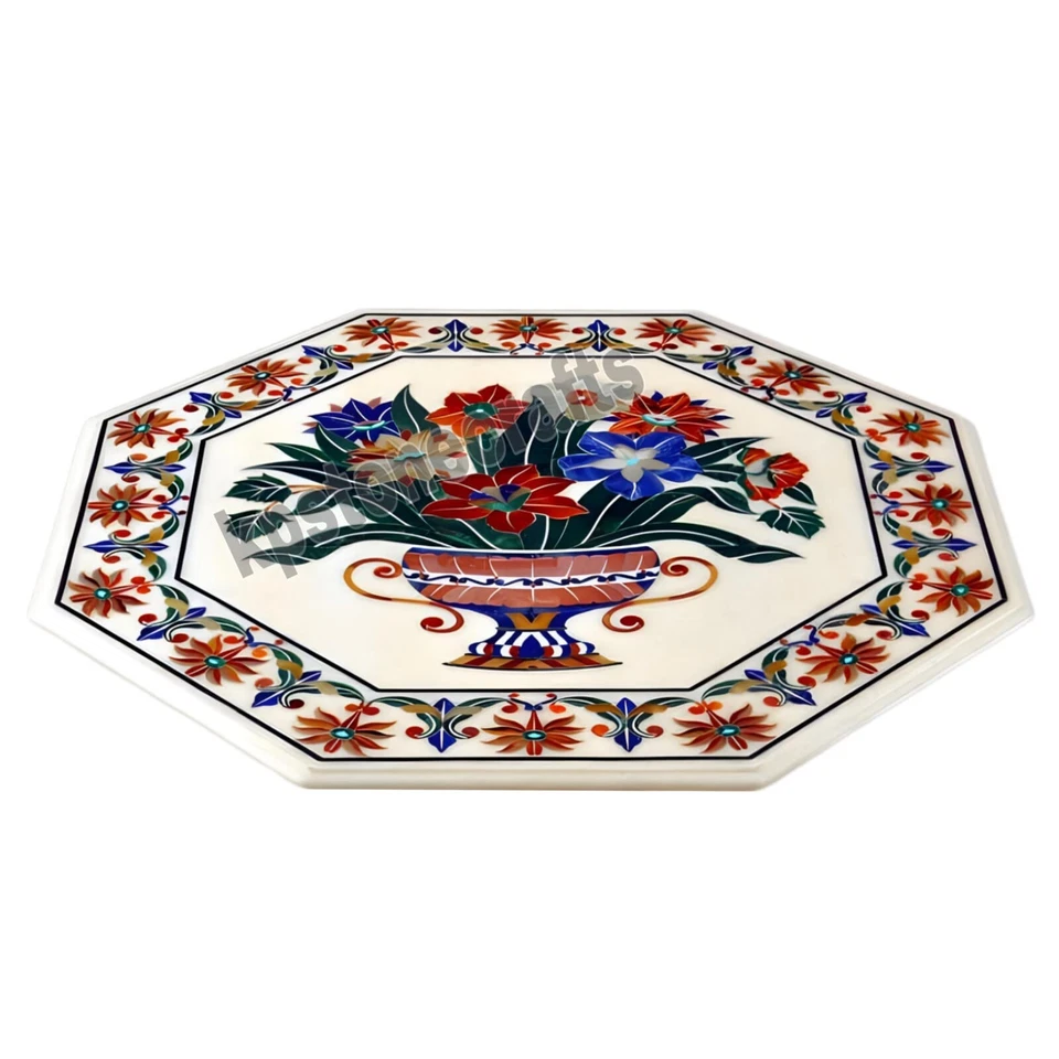 White Marble Octagonal Table Top with Pietra Dura Inlay - Customizable, Semi per - Image 2 of 4