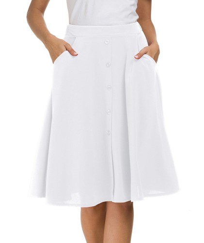 Womens High Waisted A Line Pleated Midi Skirt Button Front Skirts with Pocket... - Picture 3 of 7