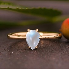 Rainbow Pear Moonstone 14K Yellow Gold Plated On Silver Dainty Engagement Ring
