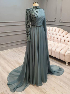 green emerald velvet dress Nude Luxury Long Sleeves Muslim Evening Dresses with Cape SS369A Pink / 18