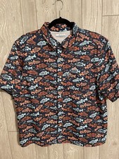 COLUMBIA PFG Men  s S/Sleeve Collar back Vented Fish Print Blue Shirt Size M -EUC