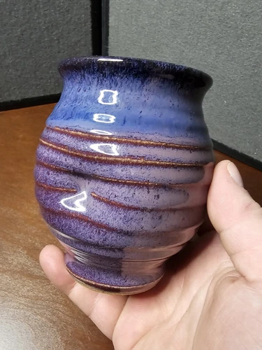 Coiner Deneen Pottery Vintage Blue Purple Glazed Thumbrest Indent Hand Warm Mug