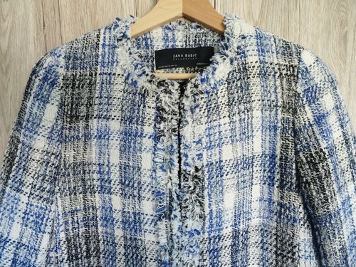 ZARA BLUE ECRU BLACK CHECKED FRAYED FROCK COAT SIZE XS - Picture 14 of 18