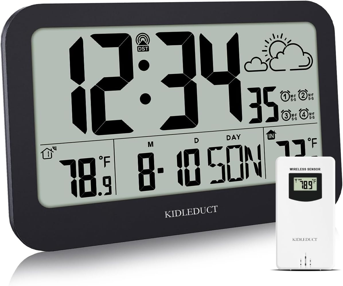 Digital Wall Clock Battery Operated, Atomic Desk Clocks with Temperature Indoor