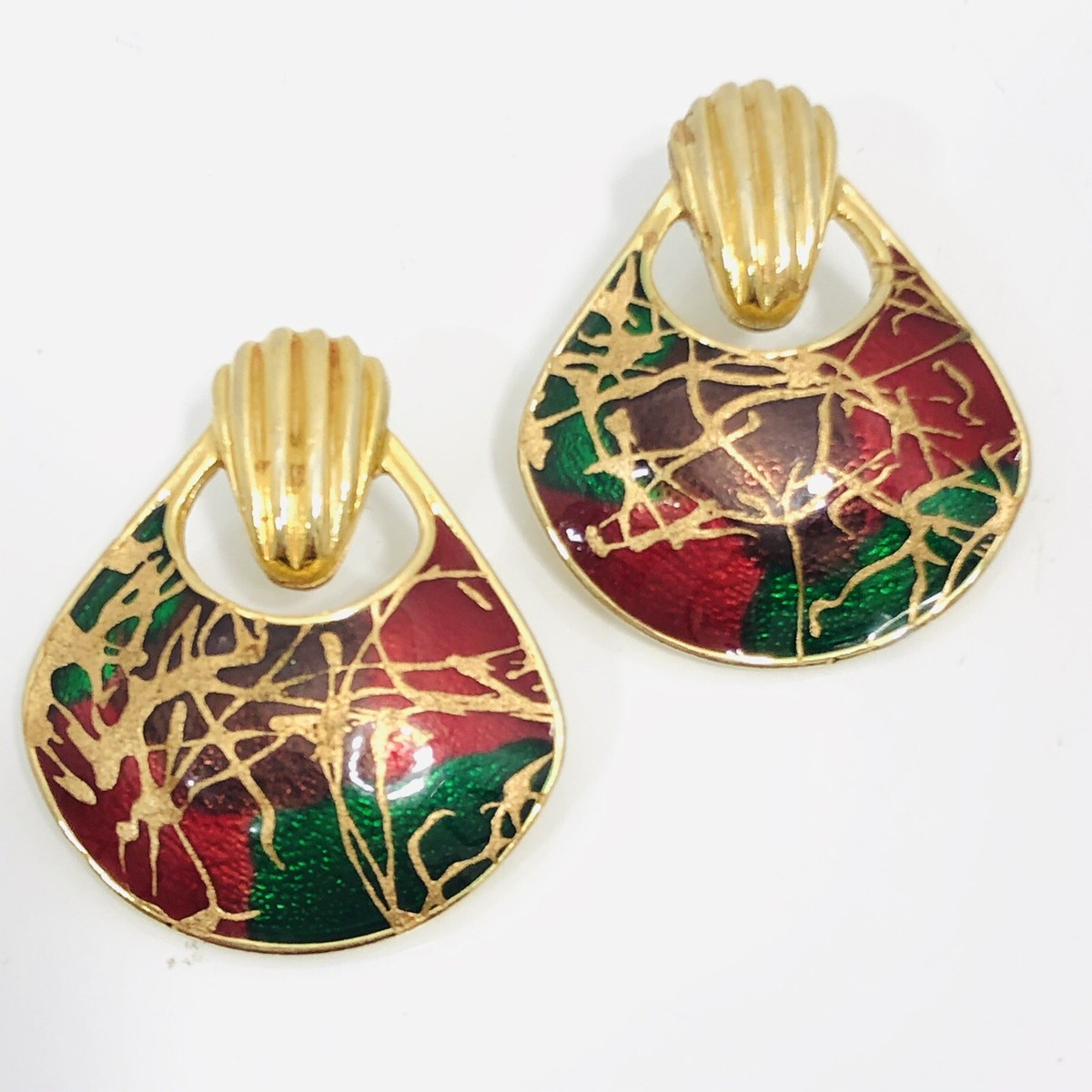 Vintage Enamel Earrings 80s Doorknocker Pierced Scribble Gold Tone 