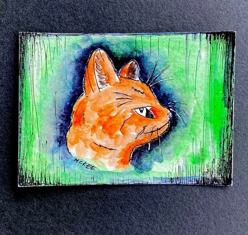 ACEO Mixed Media Original Dark Moody Gothic Orange Cat Painting Spooky Art 