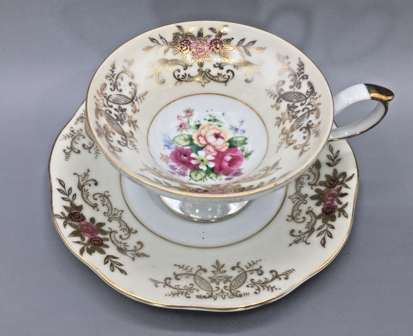 Del Mar Japan Pedestal Teacup & Saucer Hand Painted Raised 24k Gold Lusterware