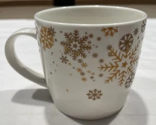 GODIVA Chocolate COFFEE Cocoa  MUG White Gold Snowflake Stoneware Ceramic EUC