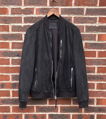 AllSaints Mens STONES Leather Jacket LARGE Grey Bomber Suede Biker Nubuck