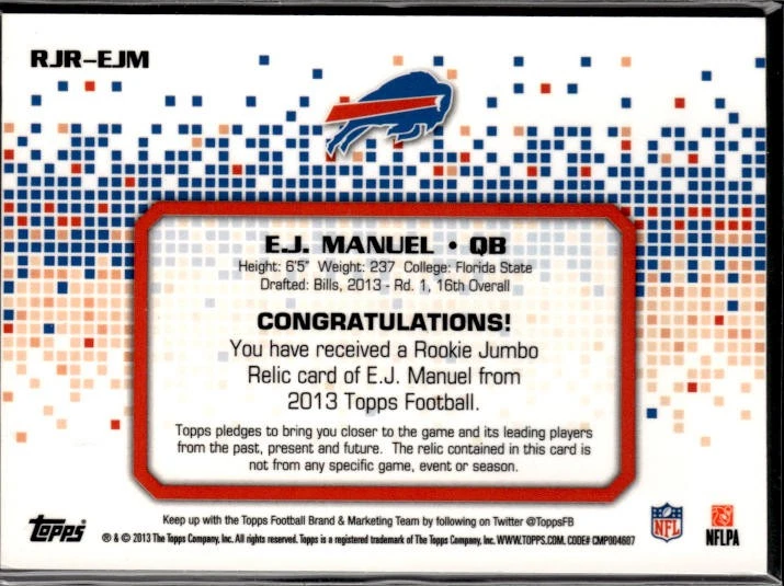 2013 Topps #RJR-EJM EJ Manuel Rookie Jumbo Relic - Image 2 of 2