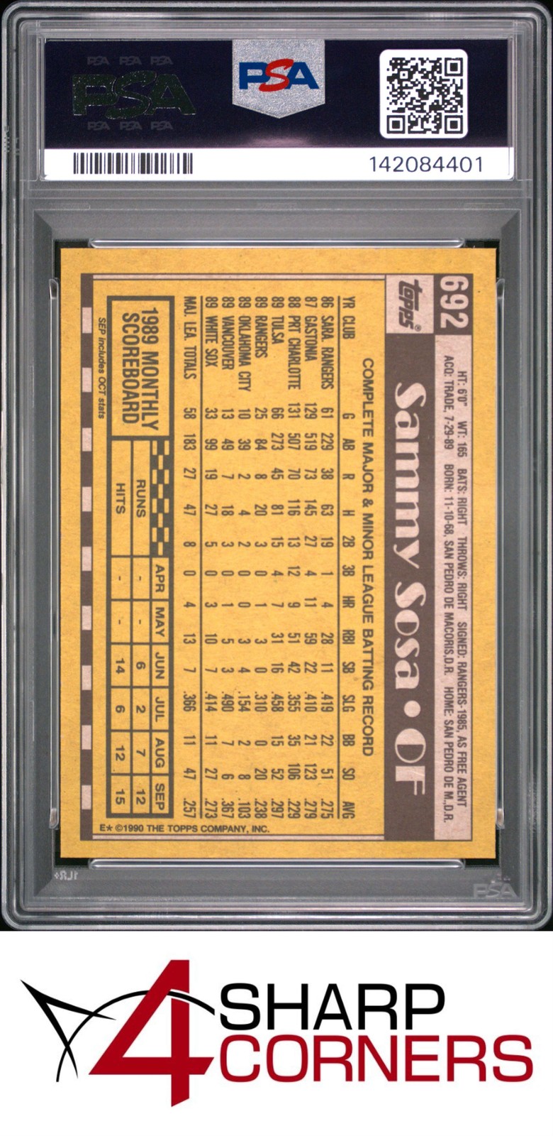 1990 TOPPS #692 SAMMY SOSA RC WHITE SOX PSA 9 view 2