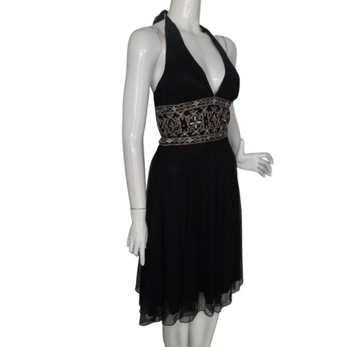 Adrianna Papell Evening Dress, 4, Black, Embroidered Waist/hem, Halter, Mesh - Picture 4 of 15