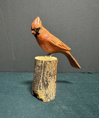 Vtg John Cowden Hand Carved Wood Cardinal Bird On Wood Stump 6  Smoky Mtns