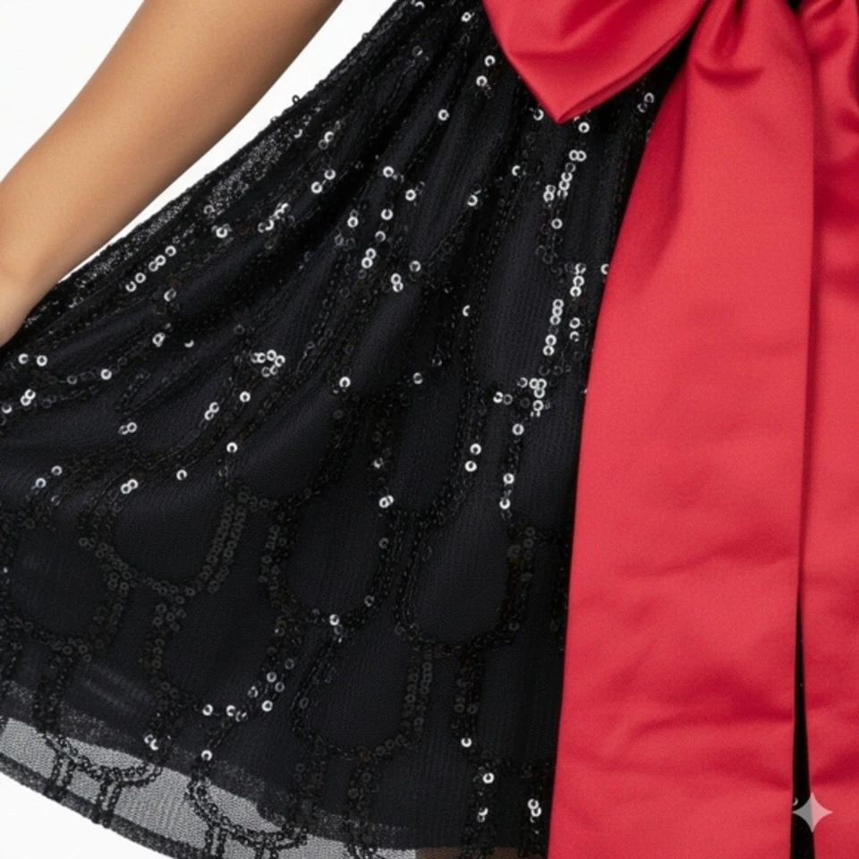 复古 90 年代 Y2K 城市三角形黑色亮片舞会派对礼服带红色蝴蝶结腰带 13 码 — 第 4/4 张图片