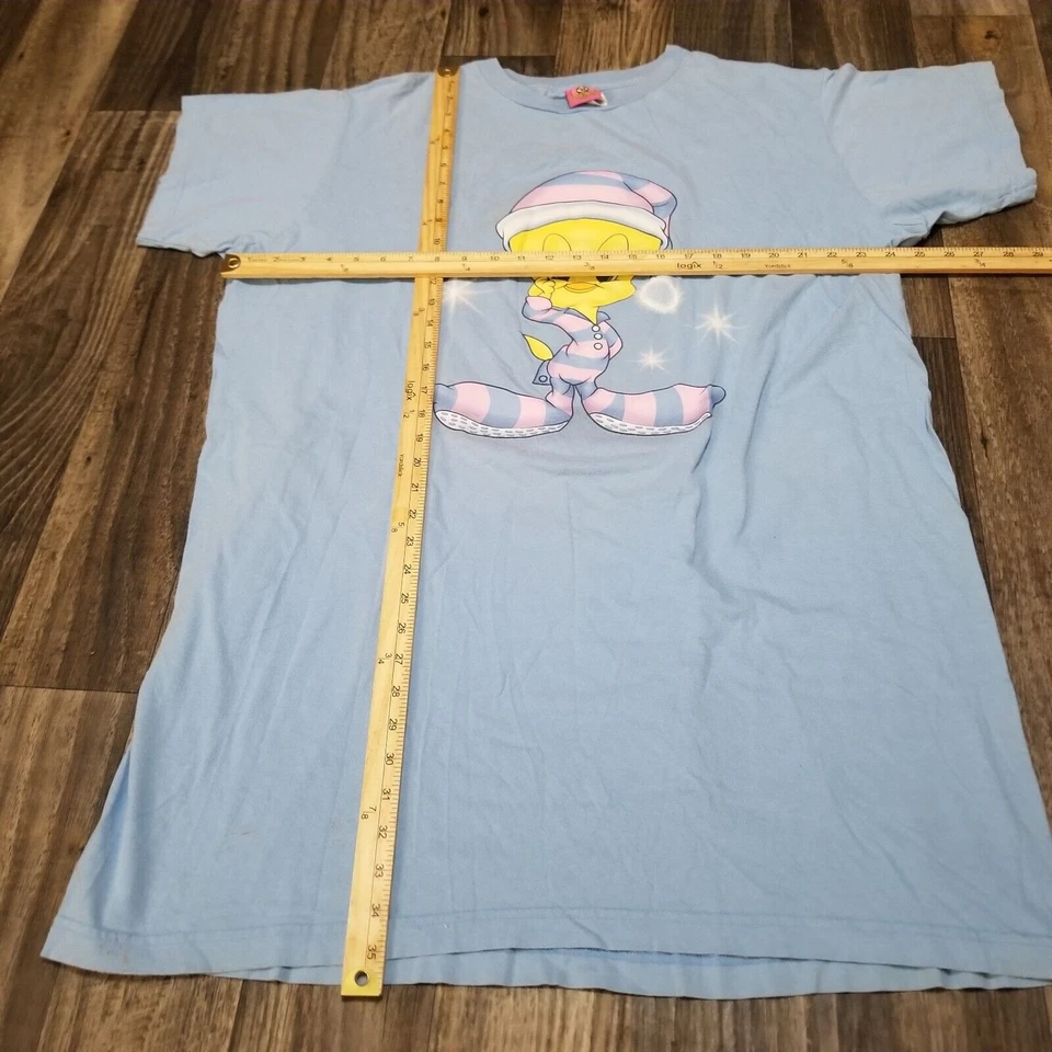 Vintage Tweety Bird Sleep Shirt Blue One Size Warner Bros Front & Back Discolor - Image 3 of 4
