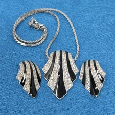 Nina Ricci Avon Art Deco Jewelry Set Crystal Black Enamel Earrings & Necklace