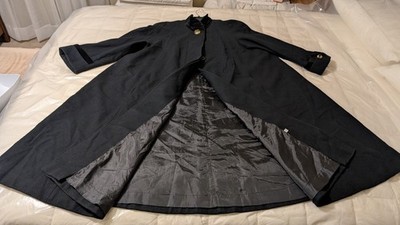 Vtg International Scene Long Black Wool Formal Swing Coat Velvet Collar/Cuffs 12