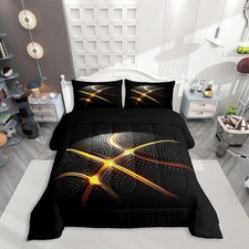 Basketball Comforter Set Queen Size, Gold Lines Print Quilt Set with 2 Pillow...