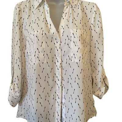 IZ BYER Women's White Black Arrow Print Button Down Roll Tab Sleeve Shirt XS