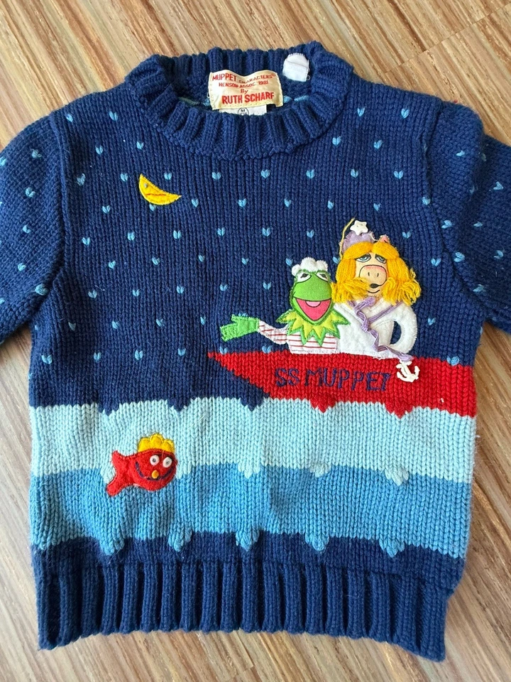 RARE!!! 1981 Ruth Scharf Muppets Kermit Piggy Knit Crew Neck Sweater Size M 5/6 - Image 3 of 4