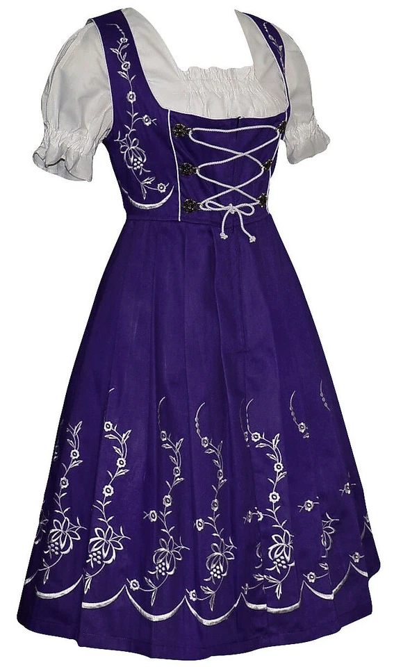 XL 18 Vestido Largo Dirndl Alemán Púrpura Bordado Conjunto de 3 piezas Oktoberfest Camarera Foto 4 de 4