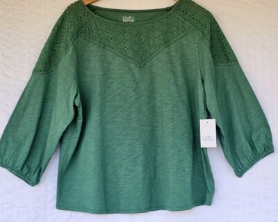 Croft & Barrow 3/4 Sleeve Round Neck Shirts Petite XXL Green Lace Neck Shoulder