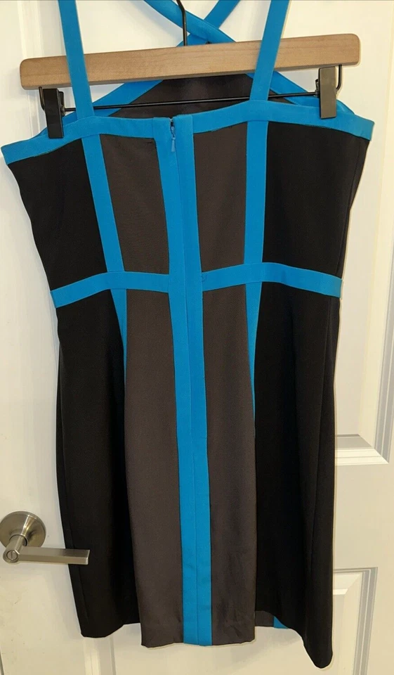 Vestido JAY GODFREY Negro Azul Borde Sin Mangas Midi Bloques de Color Talla 8 Mezcla de Seda Foto 3 de 4