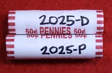 2025-P&D Lincoln Shield Cent Penny 2-50 Coin rolls roll Uncirculated H/H or H/T