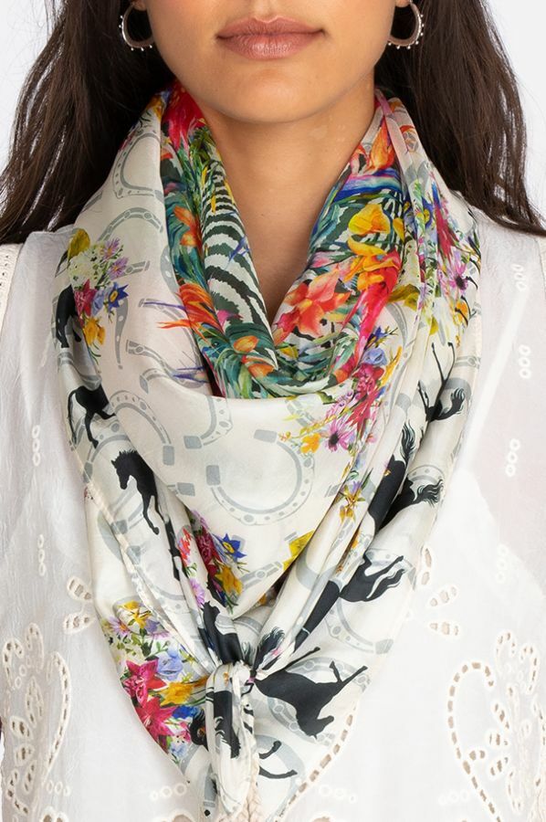 Johnny Was Sea Biscuit Scarf Silk Horses Horse Pink Flo Large Stripe Tassle  NEW