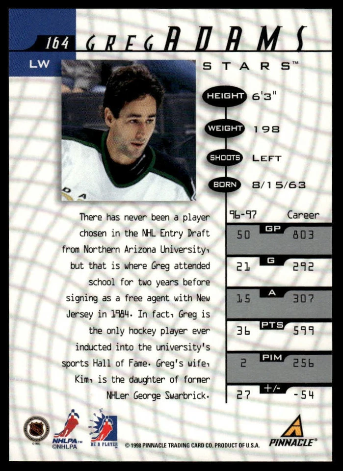 1997-98 Pinnacle Be a Player #164 Greg Adams Autographs - Image 2 of 2