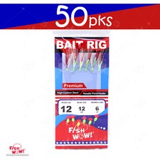 50pks Size 12 Premium Sabiki Fishing Piscatore Red White Feather Bait Rig WOW