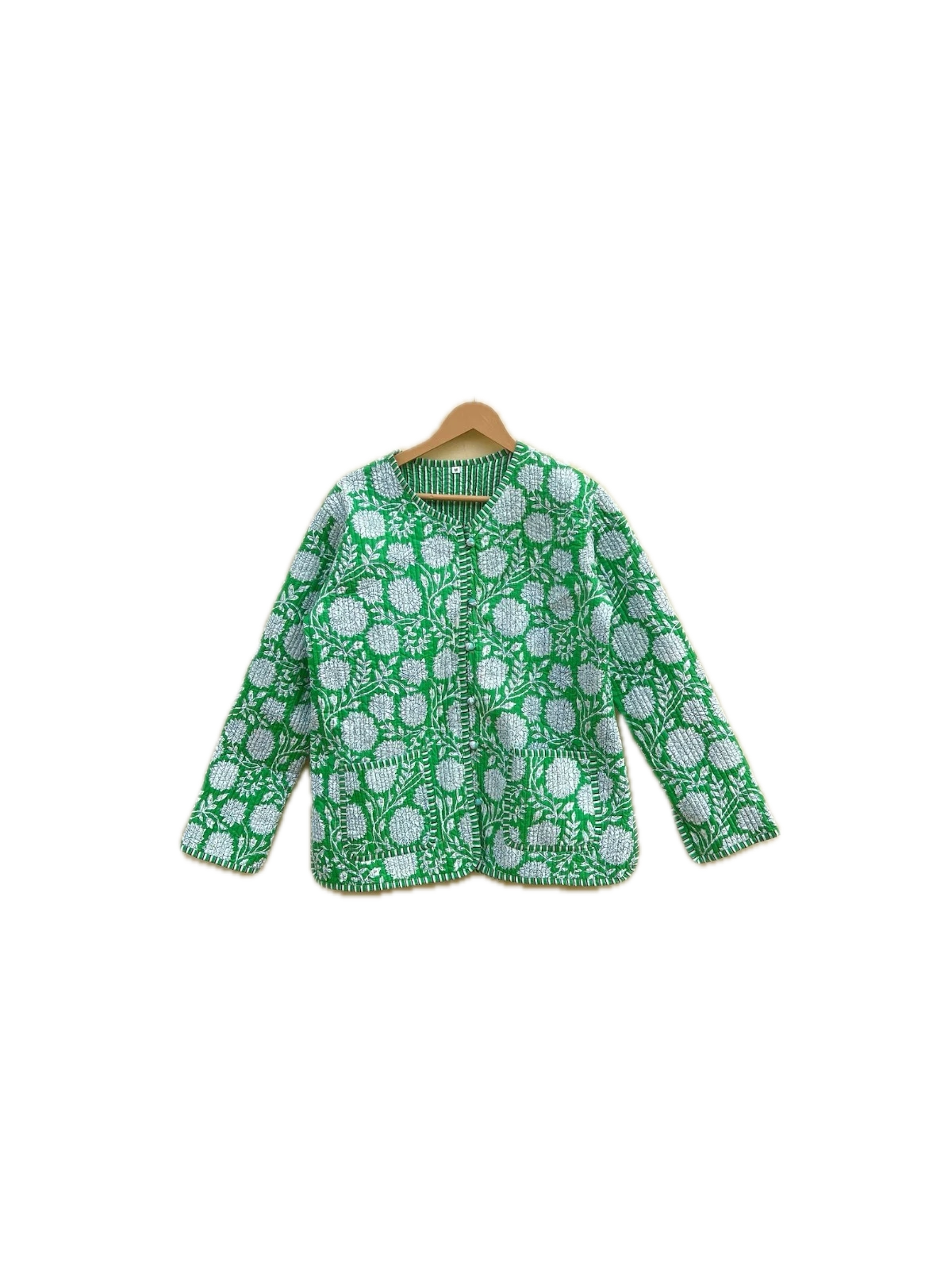 Indian Green Floral Printed Cotton Quilted Unisex Jacket Women's Clothing Jacket