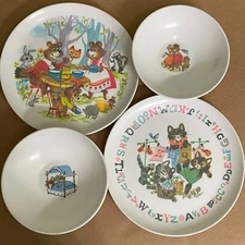 2 Classic Fairy Tale Plate Bowl Sets Child Toddler Bear Kitten Kids Lunch Vintge