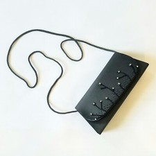 Sasha Womens Black Satin Beaded Evening Opera Clutch Bag with Shoulder Strap New
