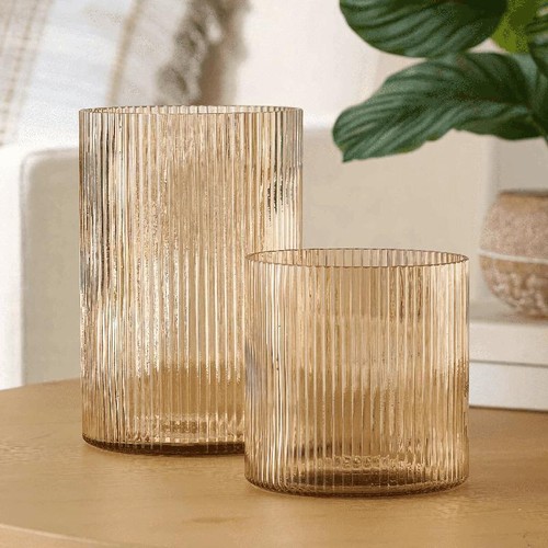 Ribbed Amber Glass Candle Holder 3in Pillar Candles Indoor Outdoor Use Medium - Picture 10 of 10
