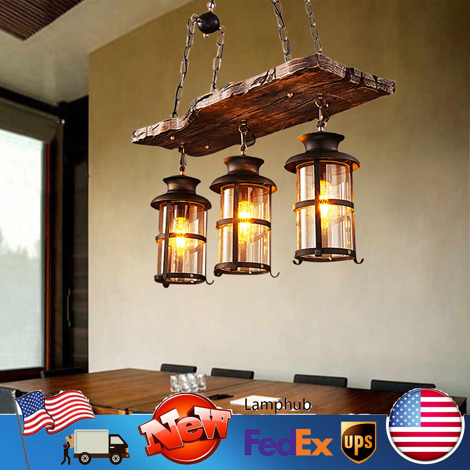 3 Heads Chandelier Industrial Ceiling Lamp Rustic Wood Hanging Pendant Light