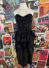 Vintage 80s-90s Black Velvet Glitter Sweetheart Strapless Peplum Dress
