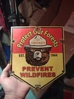 VINTAGE SMOKEY BEAR PORCELAIN SIGN OLD FOREST SERVICE NATIONAL PARK DIECUT 10"