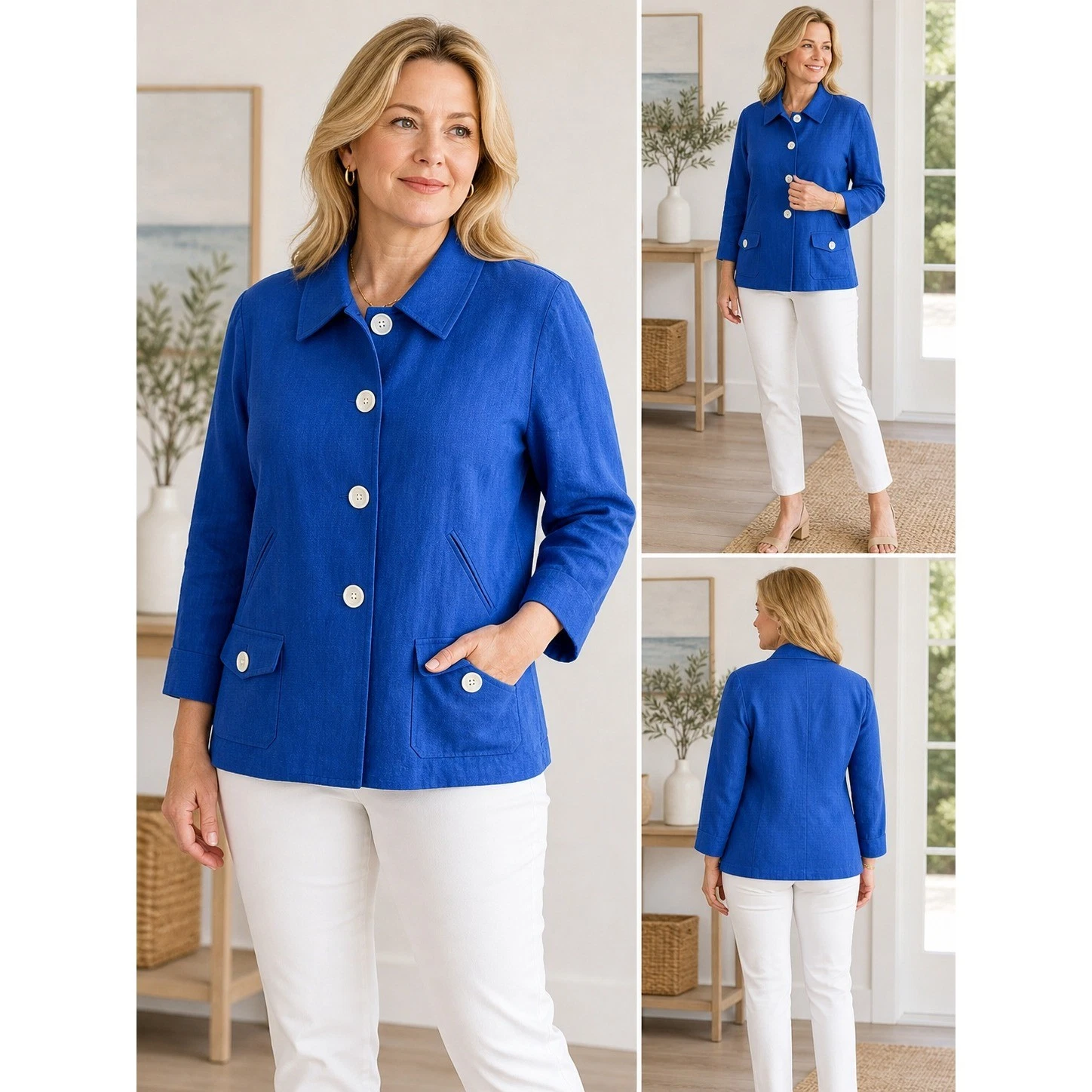 Lauren Ralph Lauren Blue Linen Blazer Jacket Womens 10 3/4 Sleeve Button Front