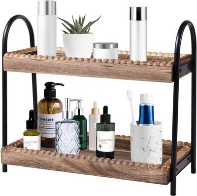 2 Tier Vanity Organizer for Cosmetic Skincare Perfume Wood Bead Shelf