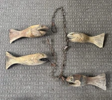 Folk Art Hand Carved Wooden Fish On a Stringer Wood Artist Decor