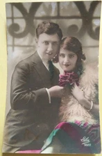 HAND COLORED REAL COUPLE PHOTOGRAPH VINTAGE POSTCARD MADE IN FRANCE #1