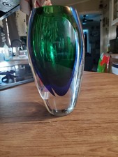 Vintage MURANO Art Glass Vase Sommerso Green/Blue Vase - Heavy 8.5"